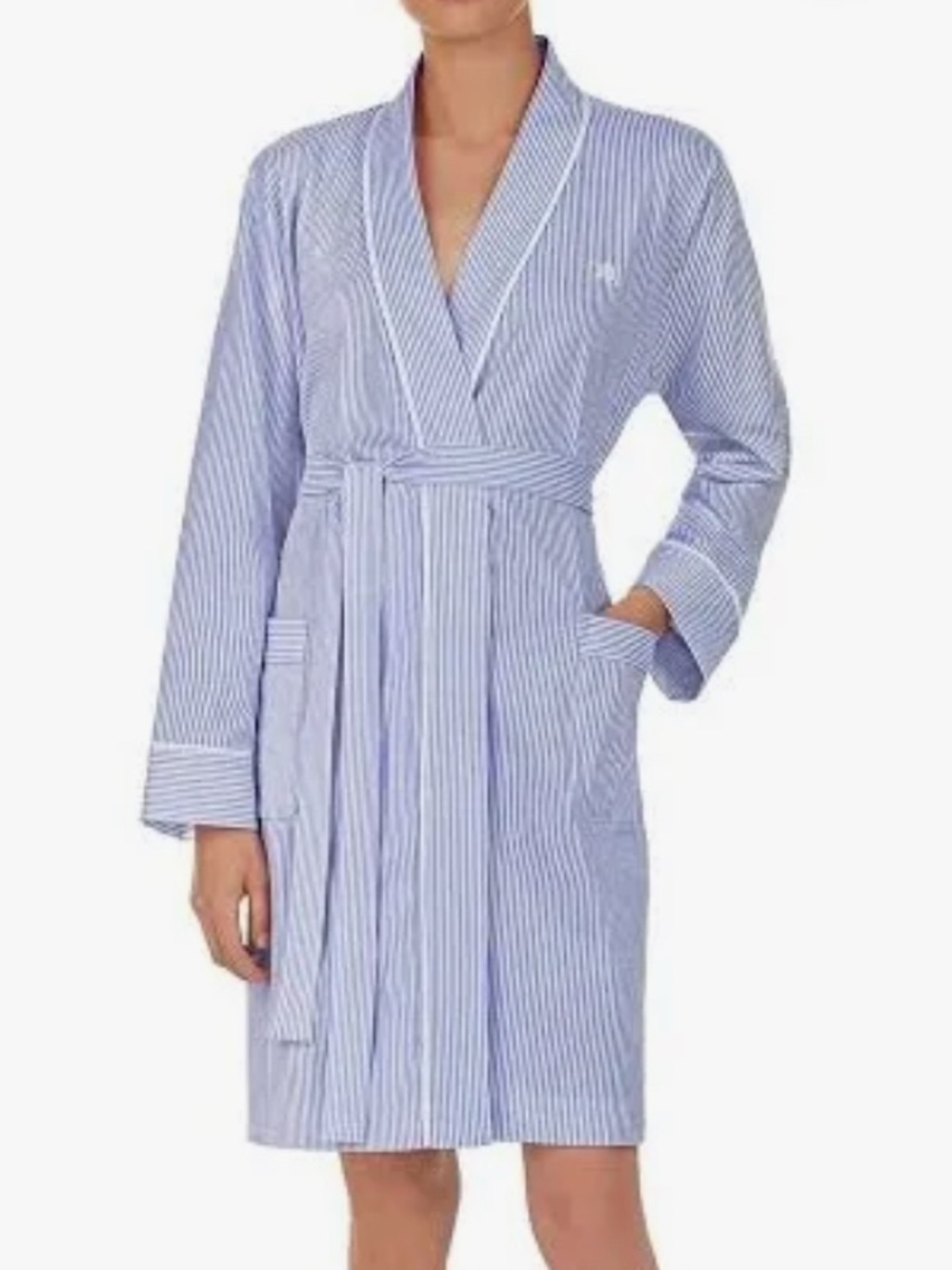 Ralph Lauren Women Sz M Blue White Striped Interlock Shawl-Collar Robe Cotton BL